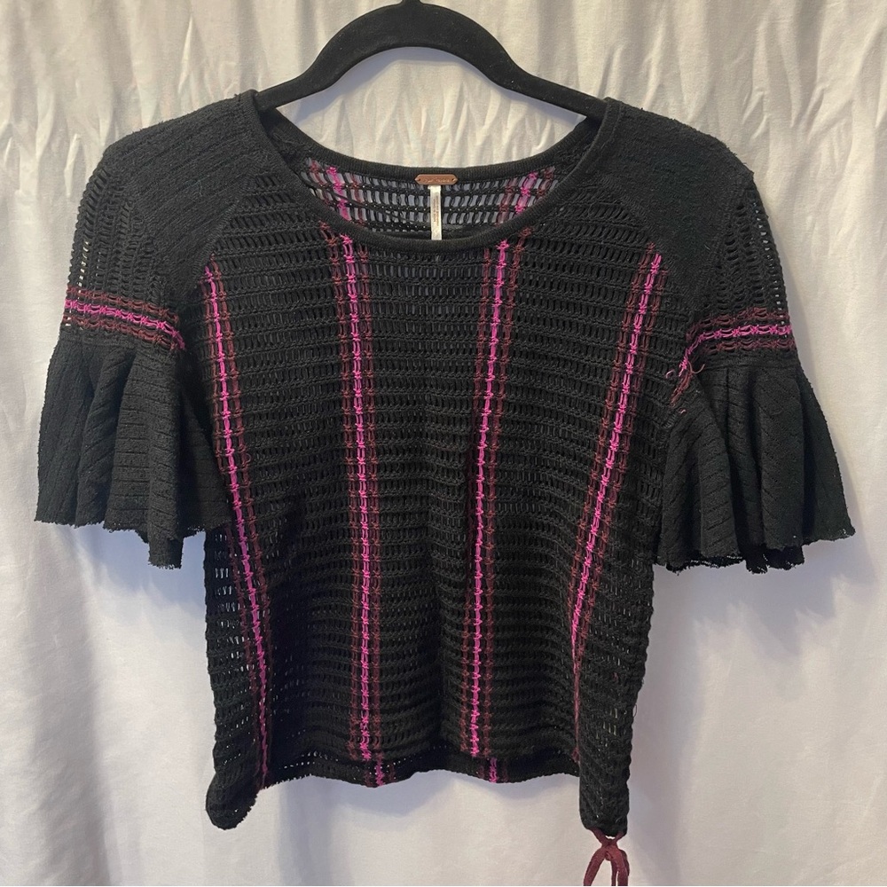 Free People XS Open Knit Crochet Bell Sleeve Boho Festival Cinch Waist Top Tunic